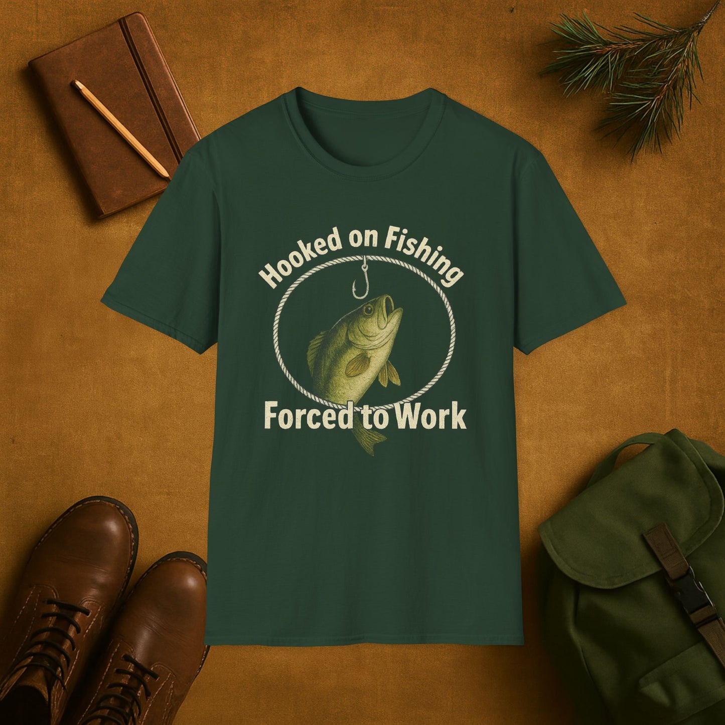 Hooked On Fishing Forced To Work Fishing T-Shirt