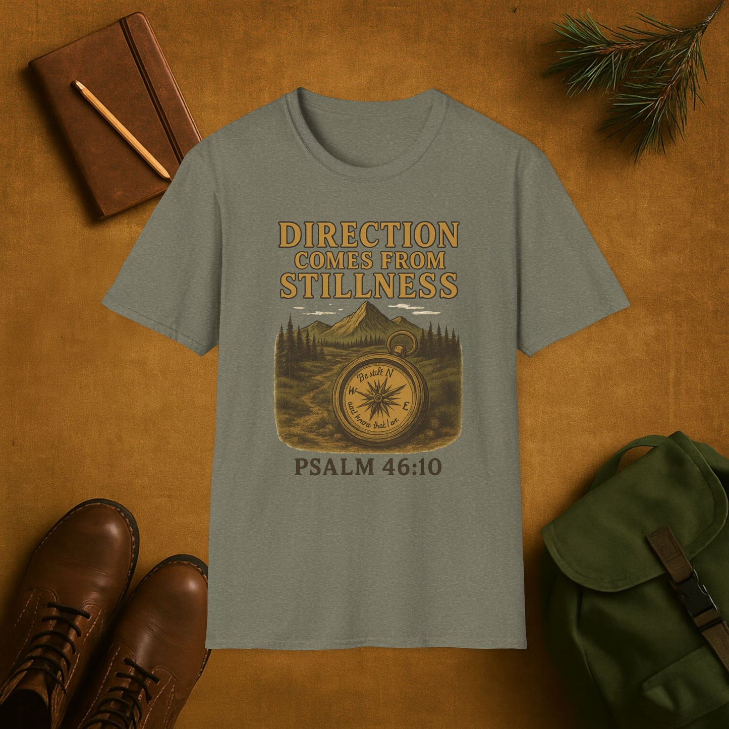 Direction Comes from Stillness T-Shirt | Psalm 46:10 Christian Compass Tee