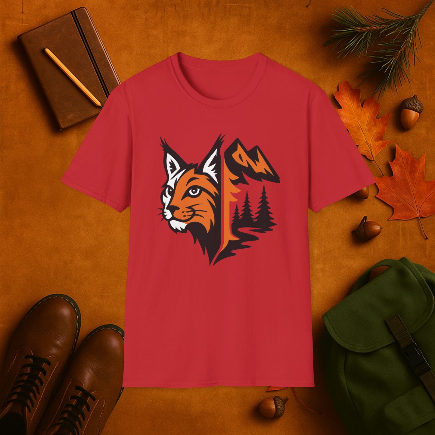 Lynx and Mountain Fall Fusion Silhouette T-Shirt