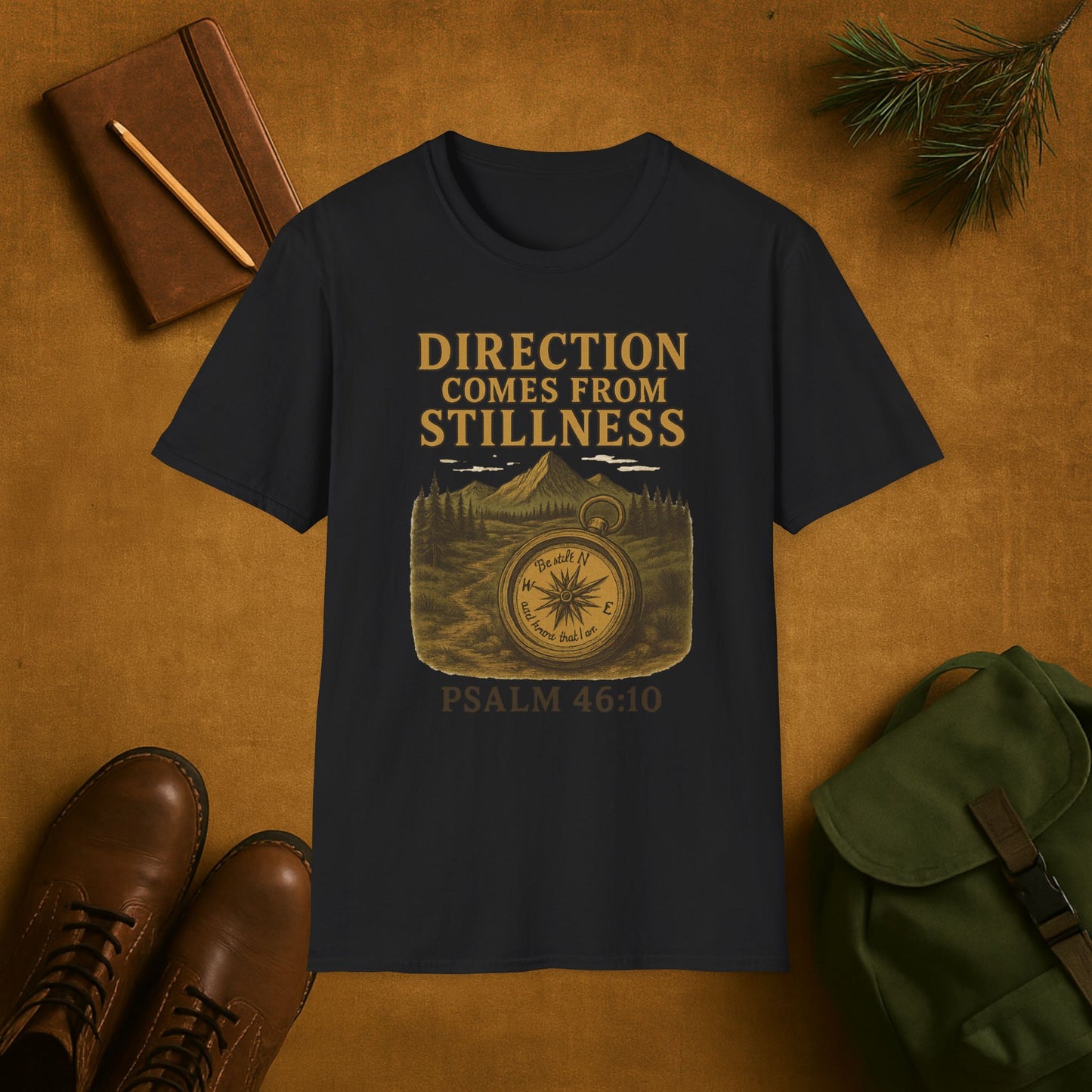 Direction Comes from Stillness T-Shirt | Psalm 46:10 Christian Compass Tee