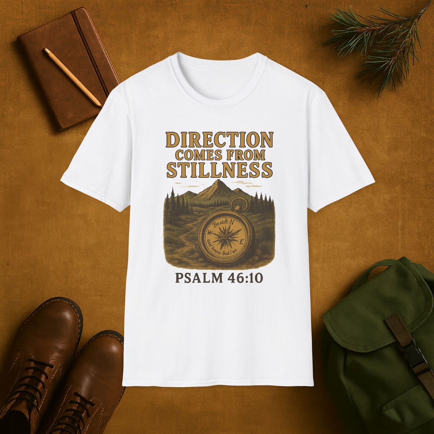 Direction Comes from Stillness T-Shirt | Psalm 46:10 Christian Compass Tee