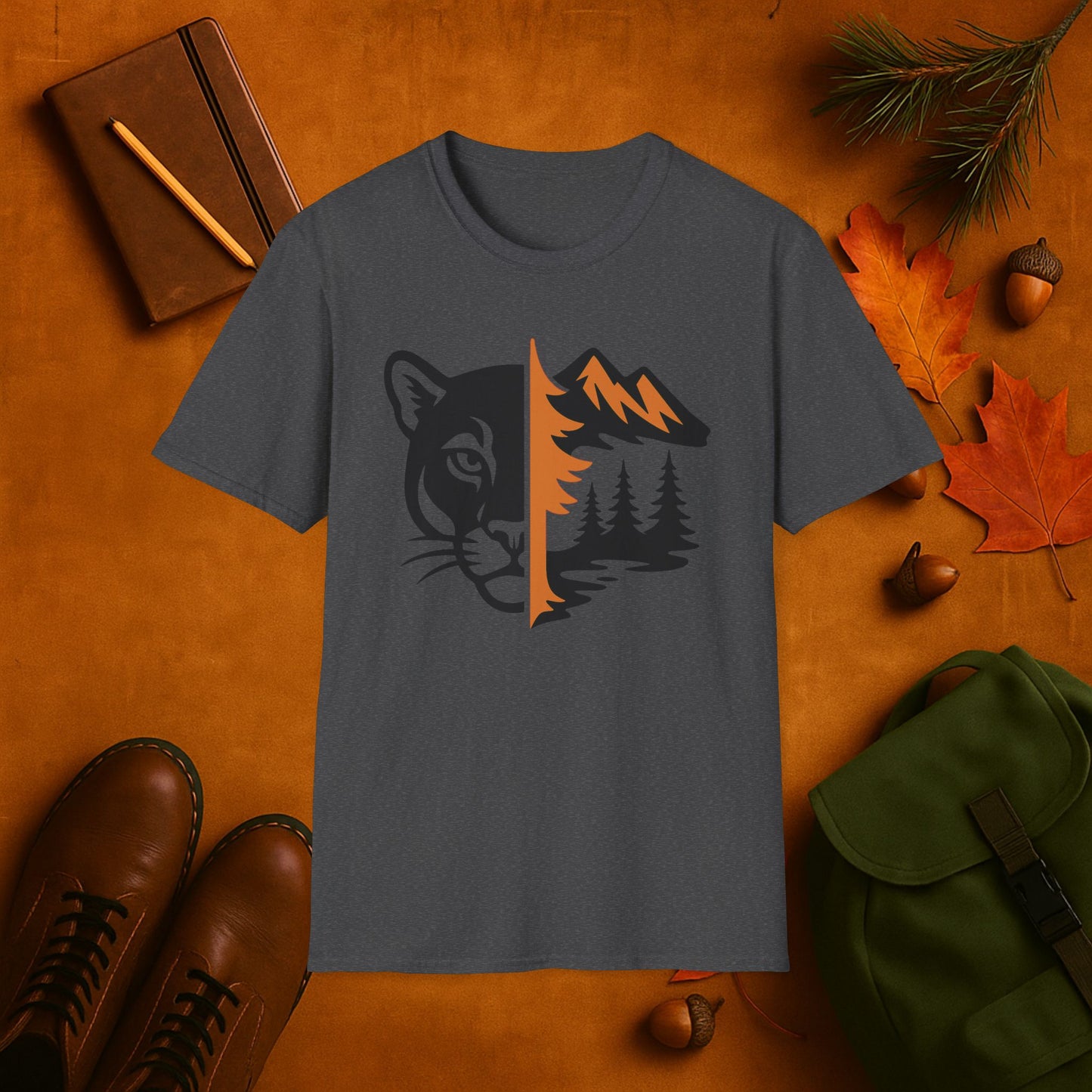 Mountain Lion and Mountain Fall Fusion Silhouette T-Shirt