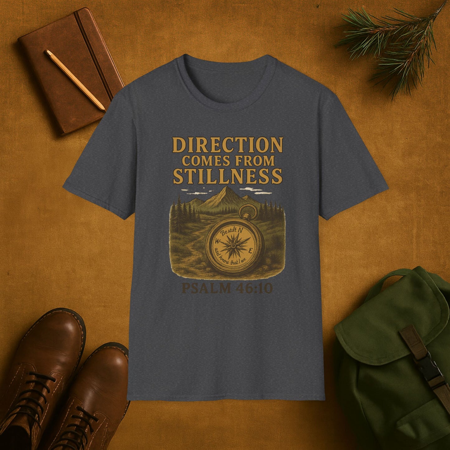 Direction Comes from Stillness T-Shirt | Psalm 46:10 Christian Compass Tee