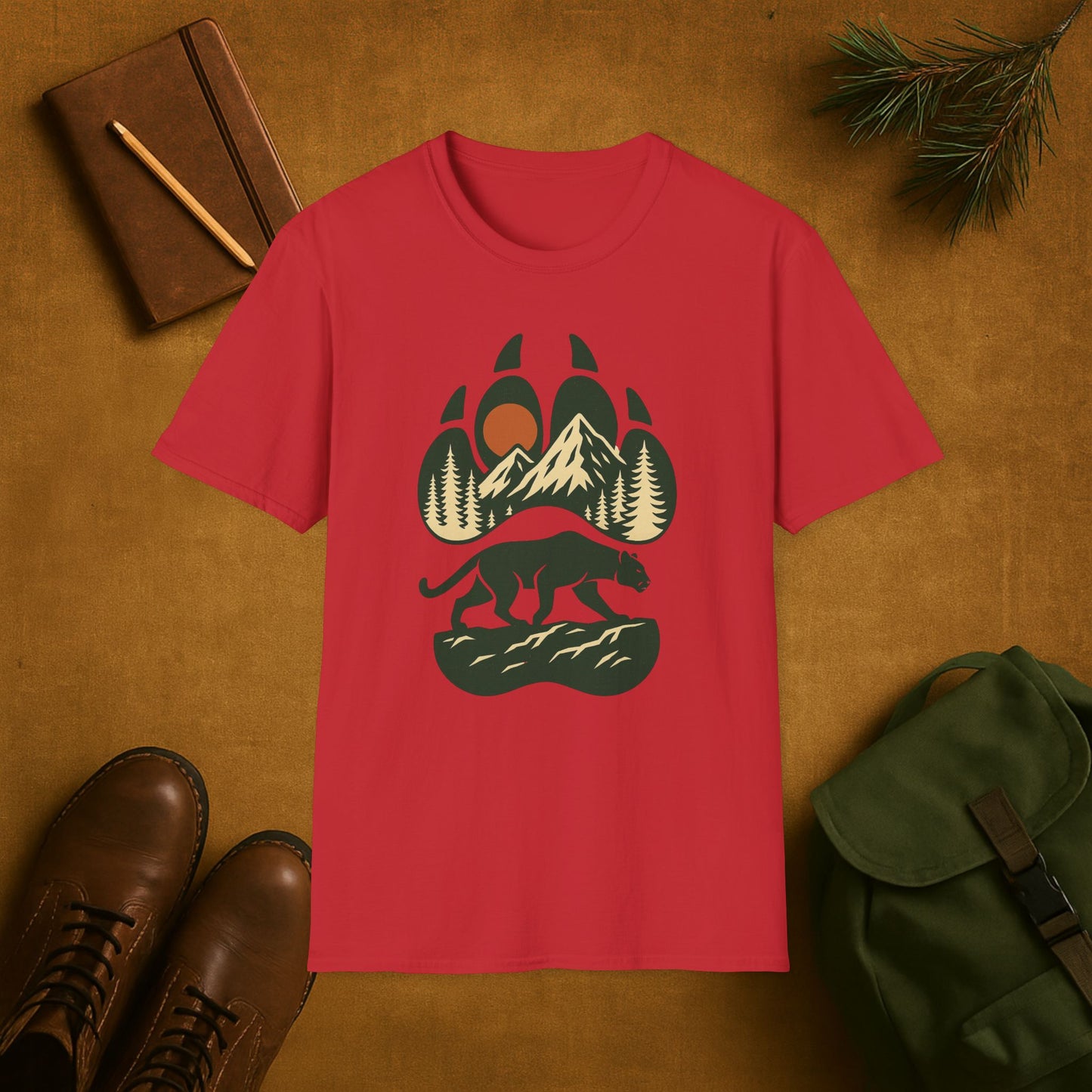 Mountain Lion Scene Paw Print T-Shirt