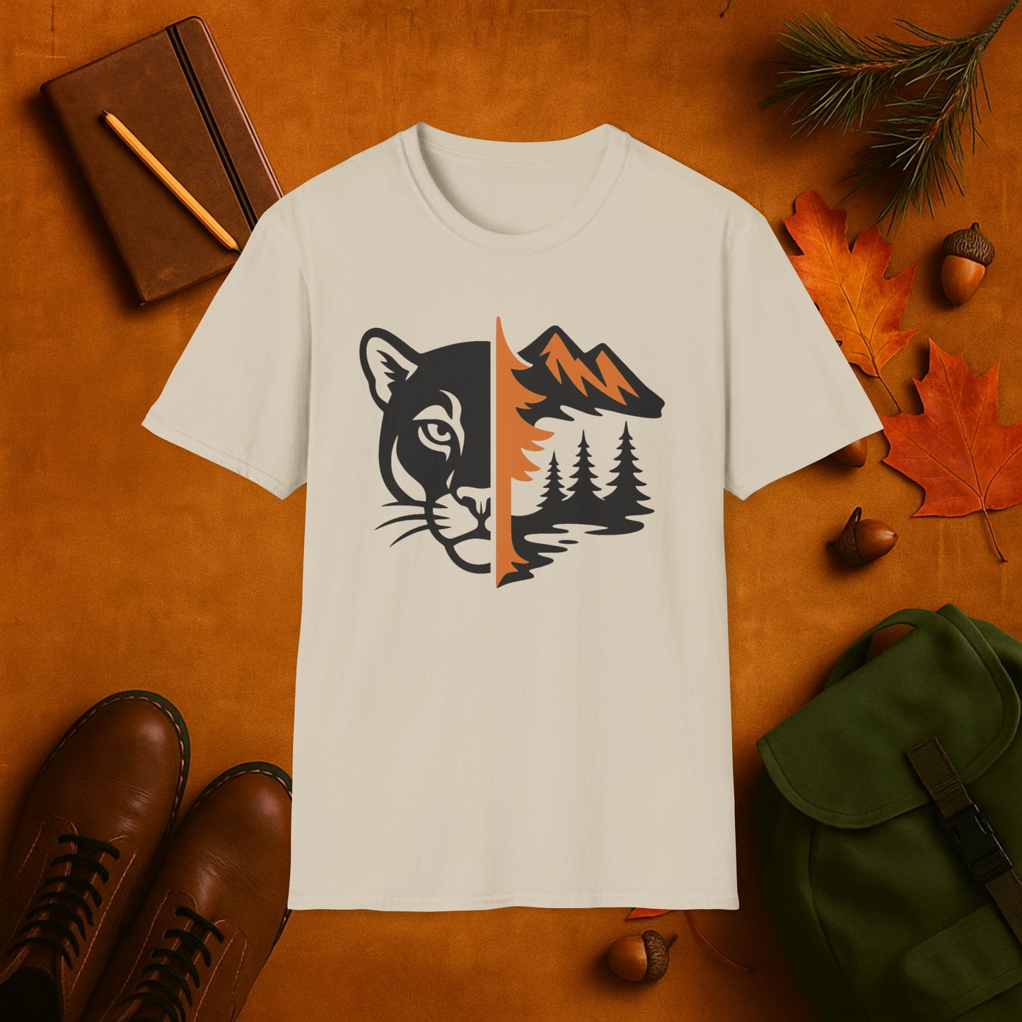 Mountain Lion and Mountain Fall Fusion Silhouette T-Shirt