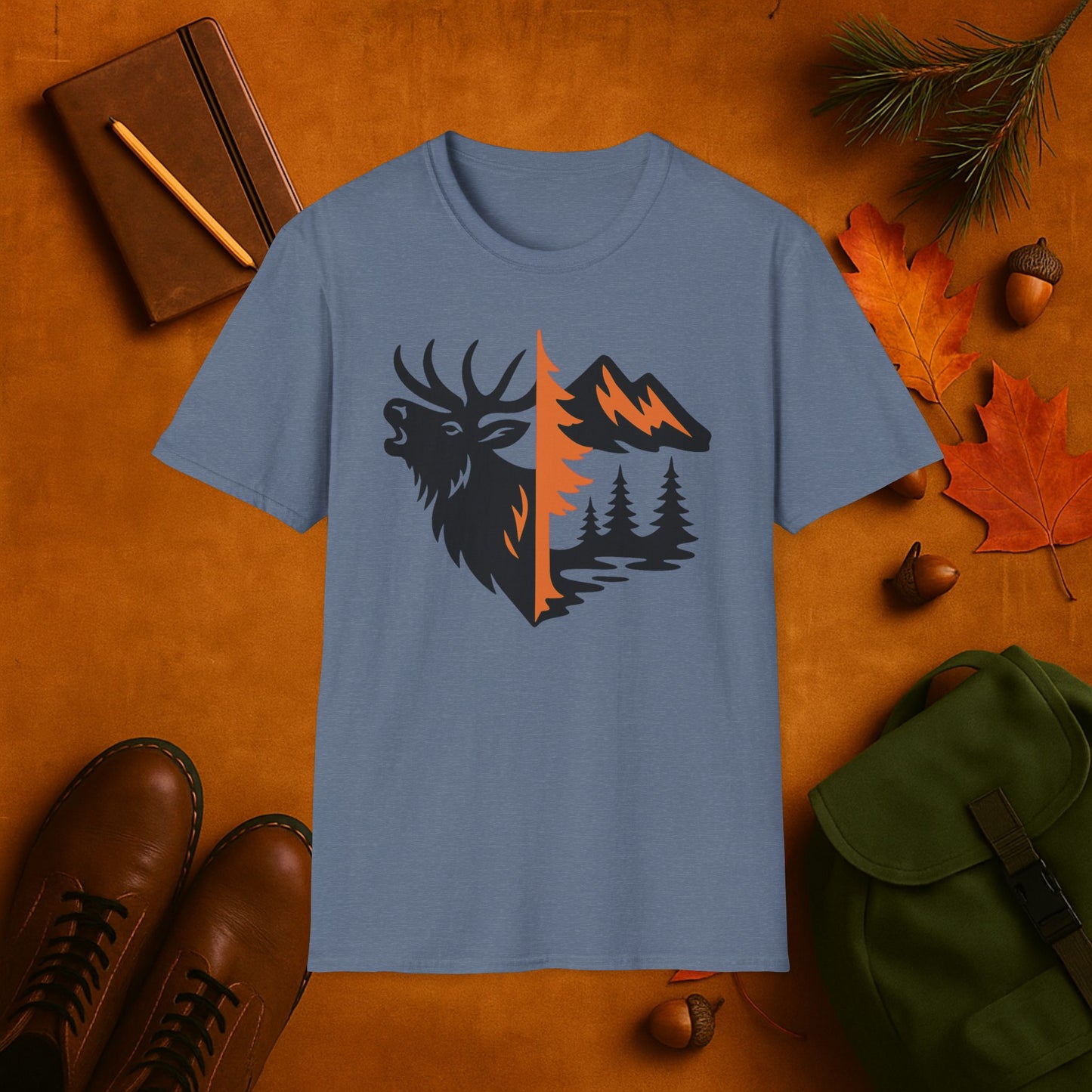Elk and Mountain Fall Fusion Silhouette T-Shirt