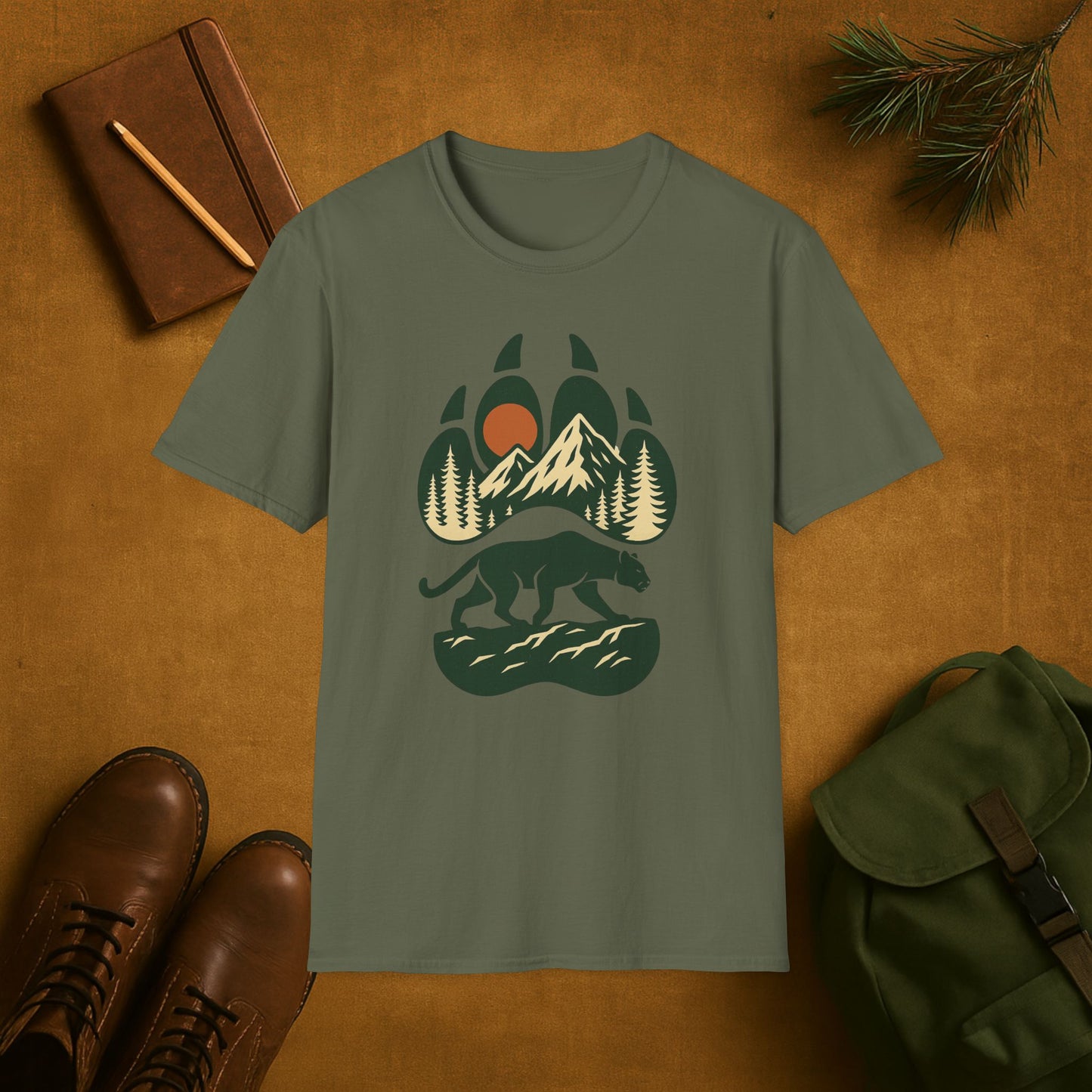 Mountain Lion Scene Paw Print T-Shirt