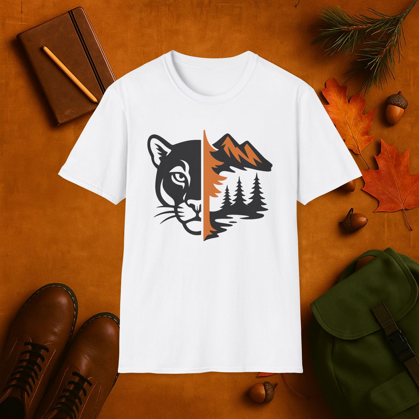 Mountain Lion and Mountain Fall Fusion Silhouette T-Shirt