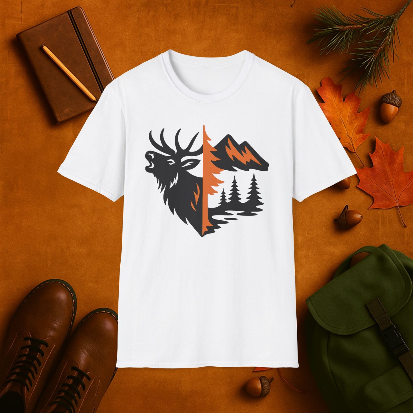 Elk and Mountain Fall Fusion Silhouette T-Shirt