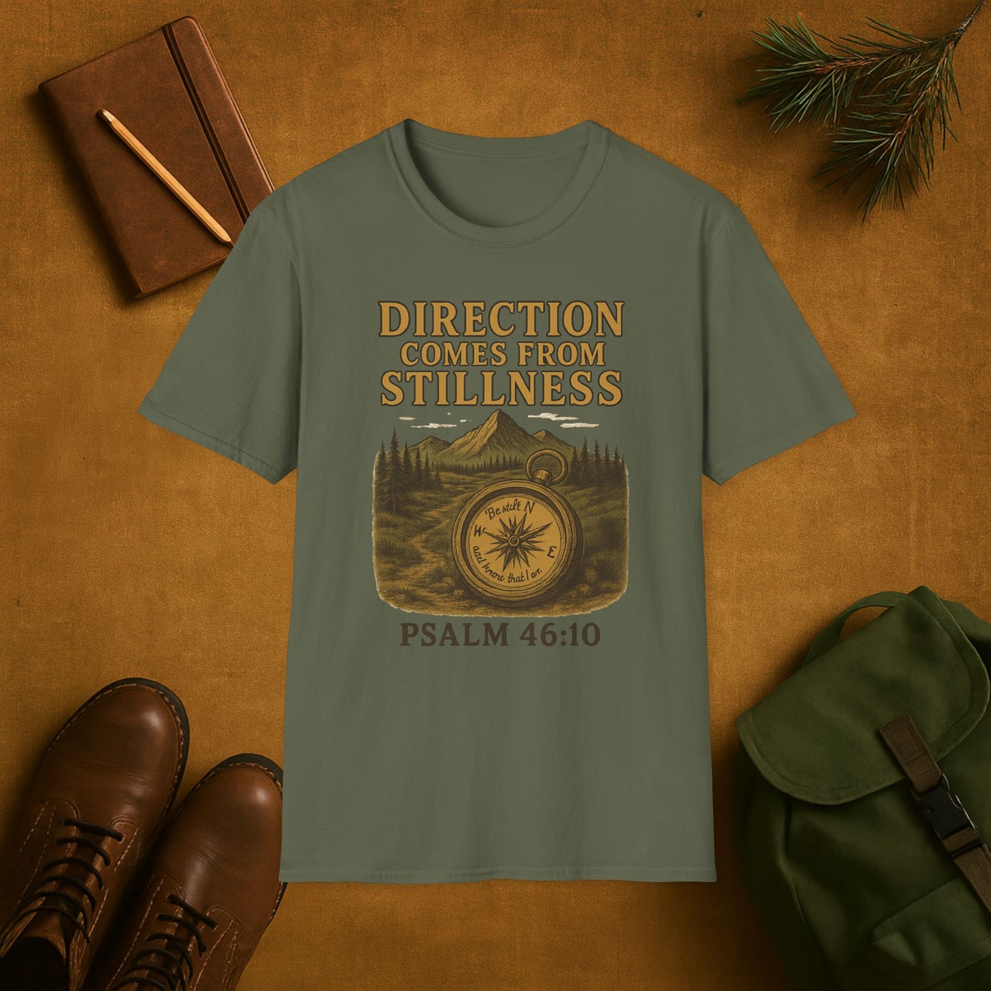 Direction Comes from Stillness T-Shirt | Psalm 46:10 Christian Compass Tee