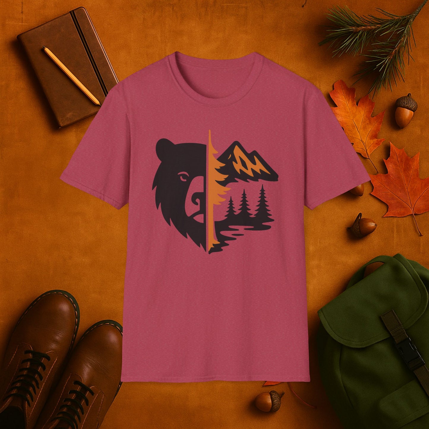 Bear and Mountain Fall Fusion Silhouette T-Shirt