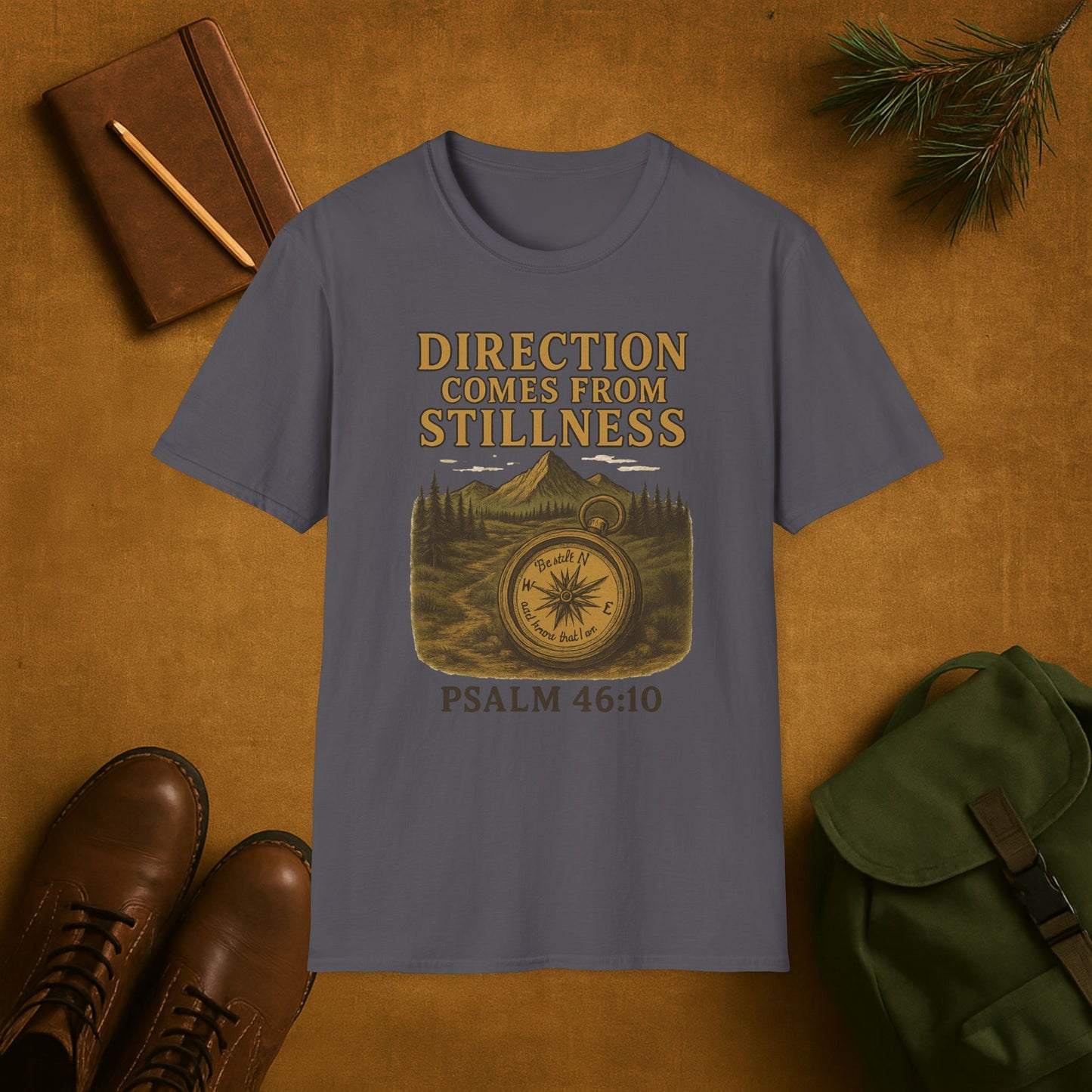 Direction Comes from Stillness T-Shirt | Psalm 46:10 Christian Compass Tee