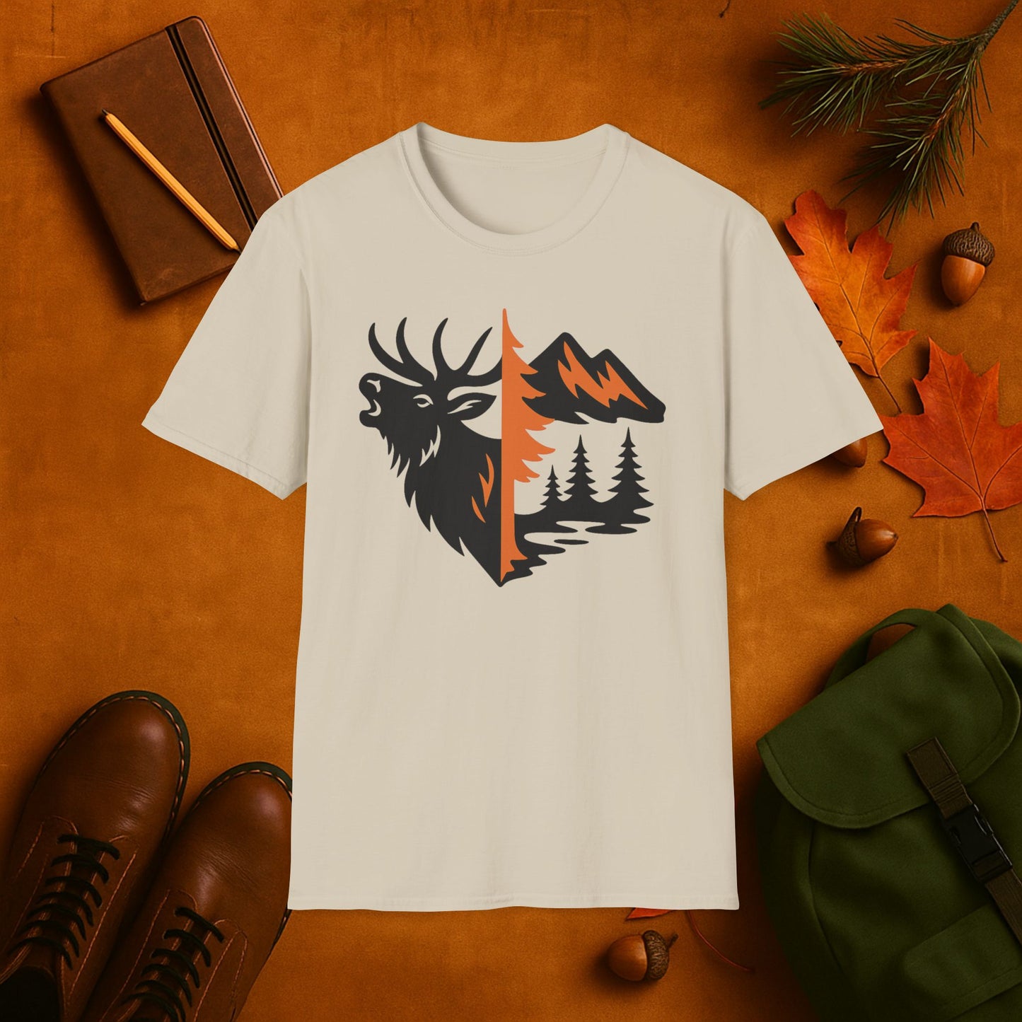 Elk and Mountain Fall Fusion Silhouette T-Shirt
