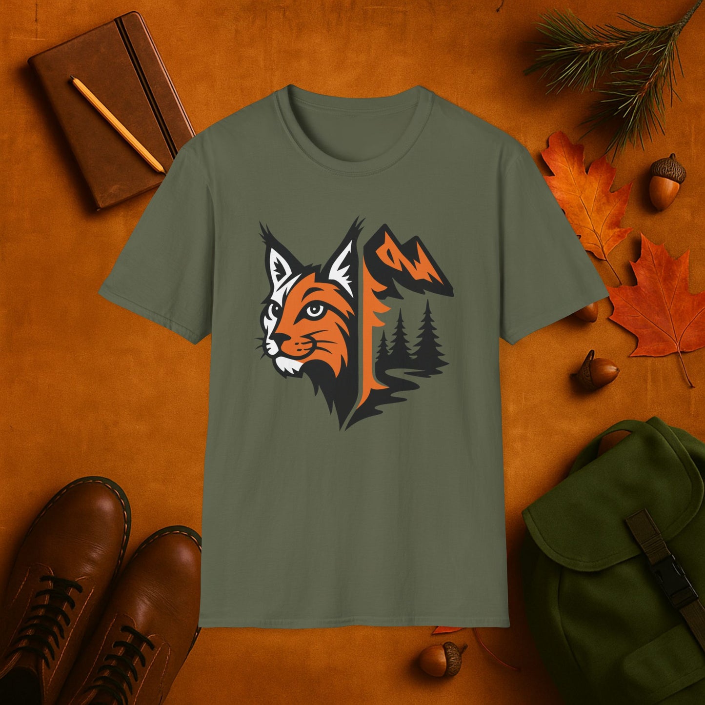 Lynx and Mountain Fall Fusion Silhouette T-Shirt