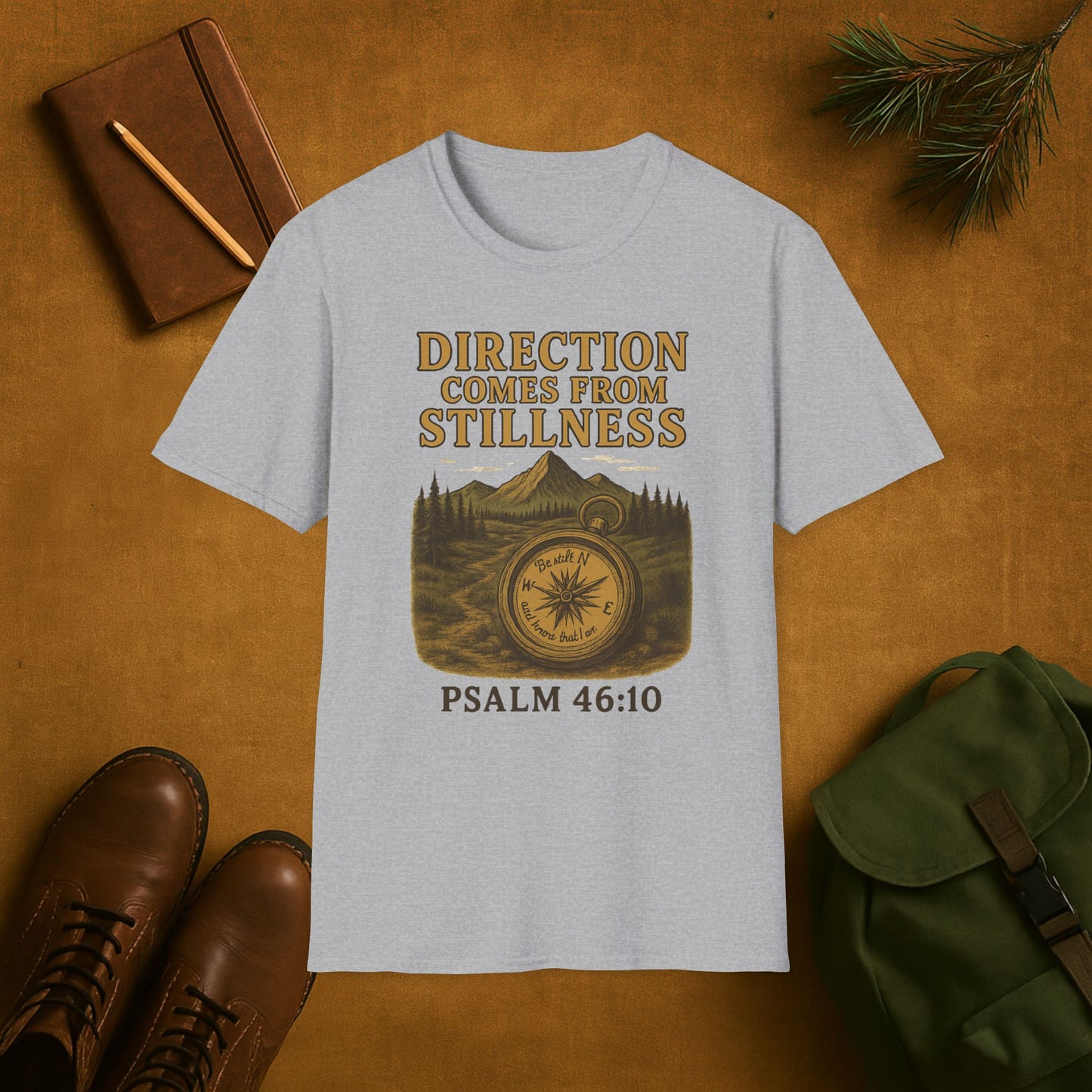 Direction Comes from Stillness T-Shirt | Psalm 46:10 Christian Compass Tee