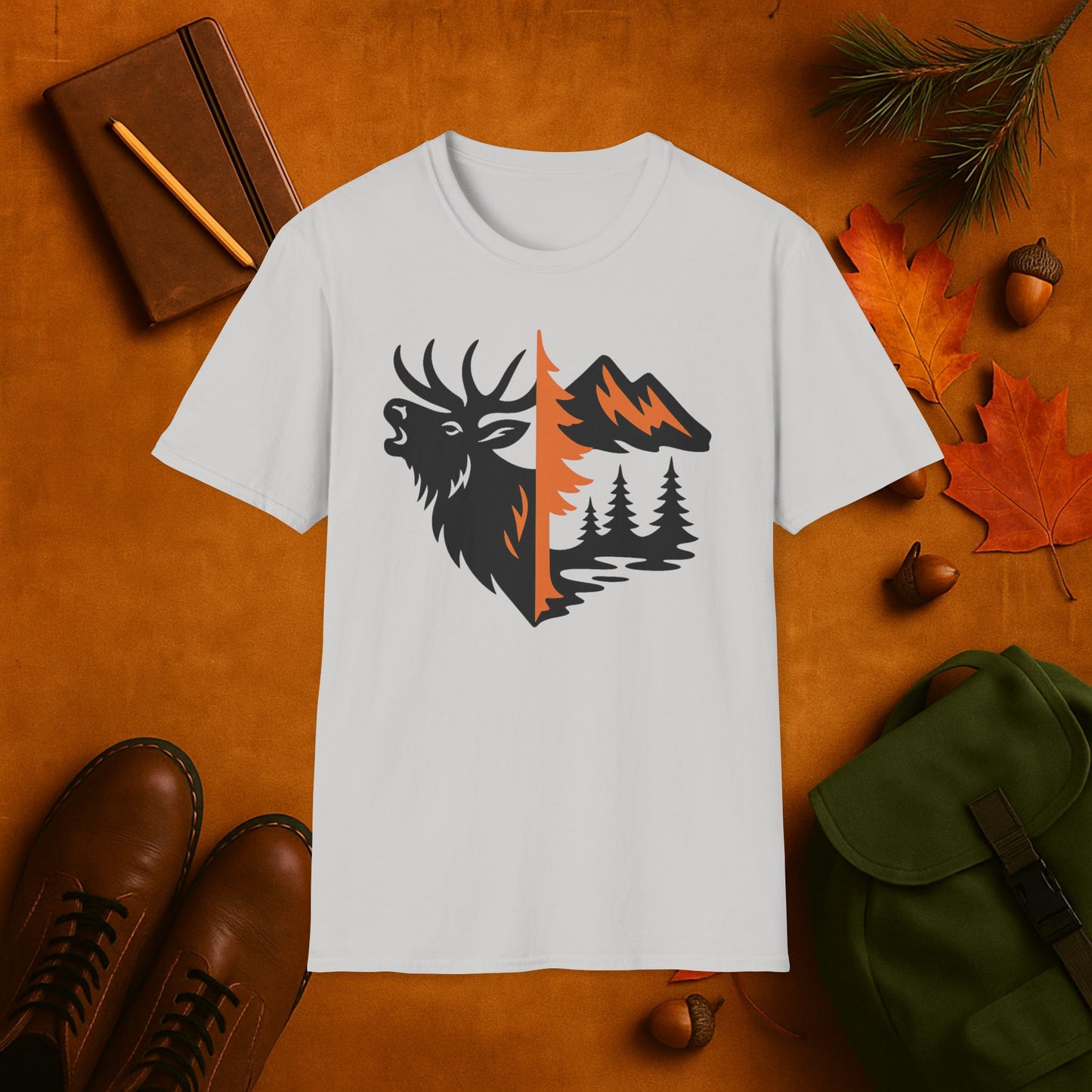 Elk and Mountain Fall Fusion Silhouette T-Shirt