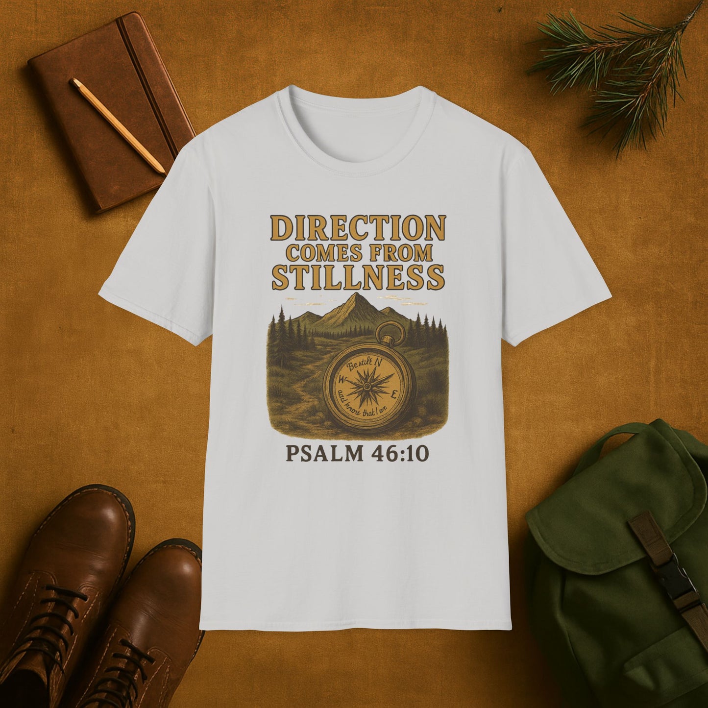 Direction Comes from Stillness T-Shirt | Psalm 46:10 Christian Compass Tee