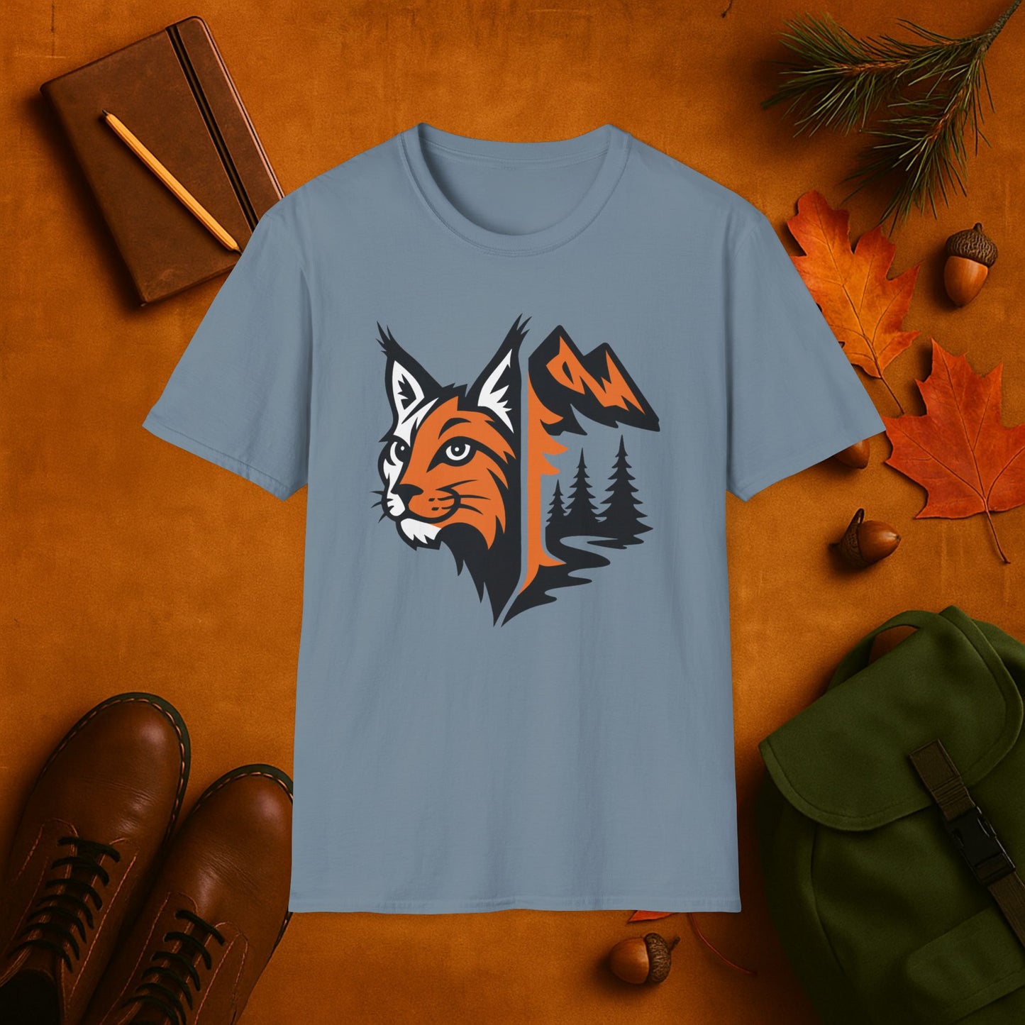 Lynx and Mountain Fall Fusion Silhouette T-Shirt
