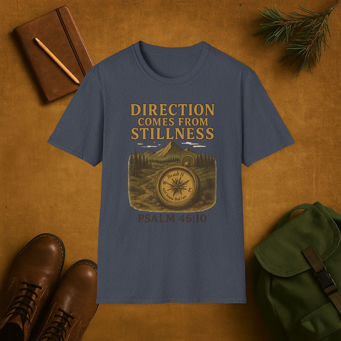 Direction Comes from Stillness T-Shirt | Psalm 46:10 Christian Compass Tee