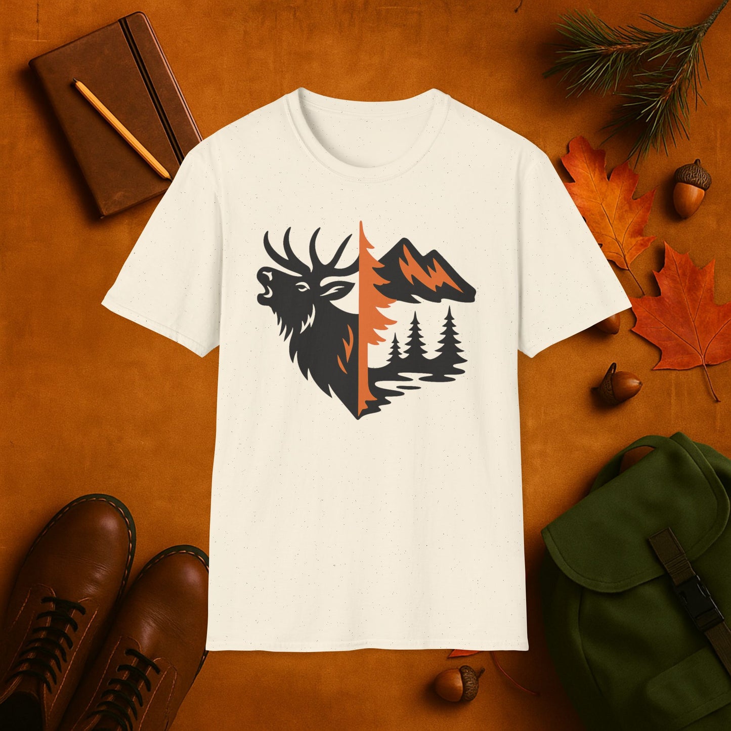 Elk and Mountain Fall Fusion Silhouette T-Shirt