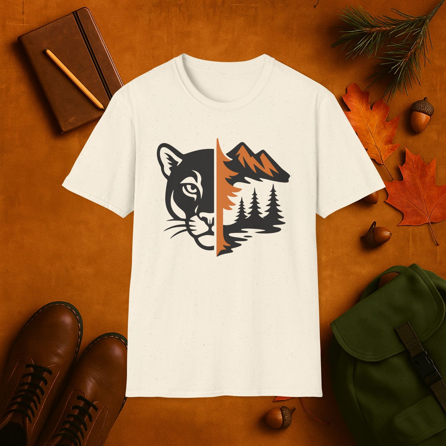 Mountain Lion and Mountain Fall Fusion Silhouette T-Shirt