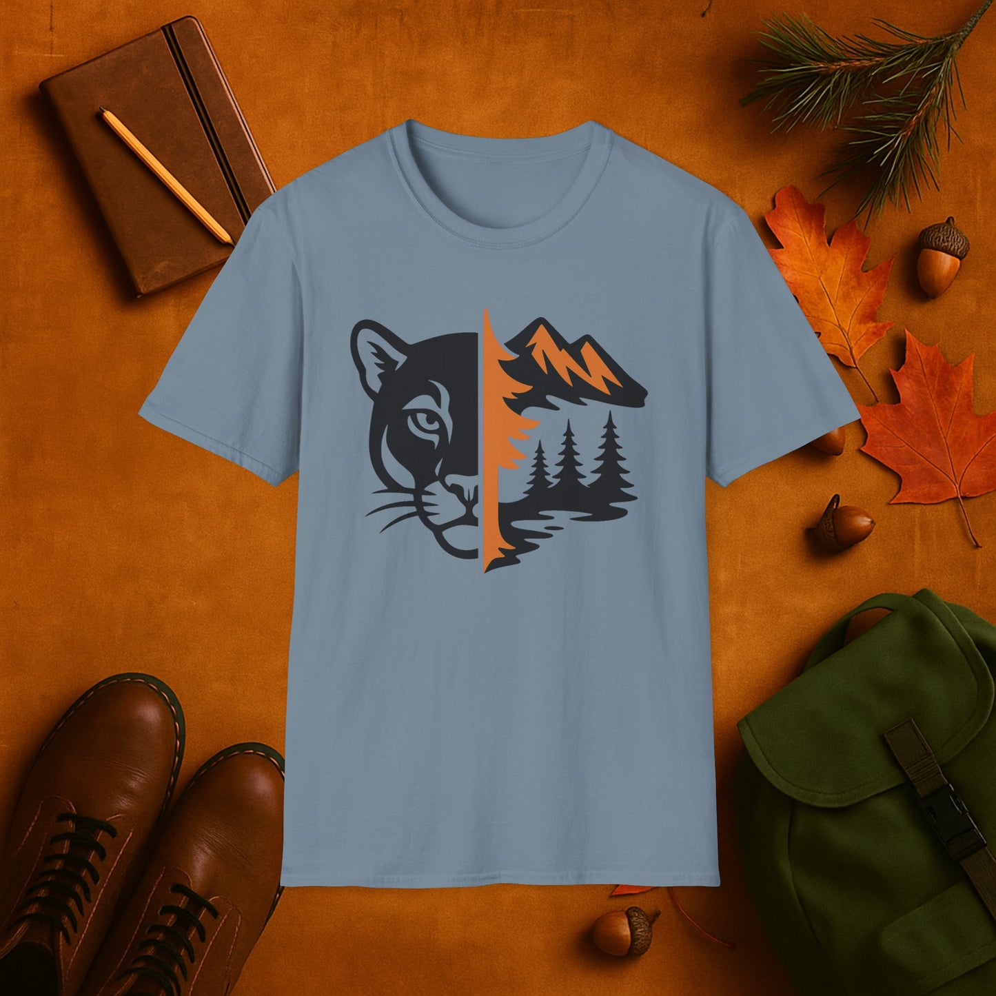 Mountain Lion and Mountain Fall Fusion Silhouette T-Shirt