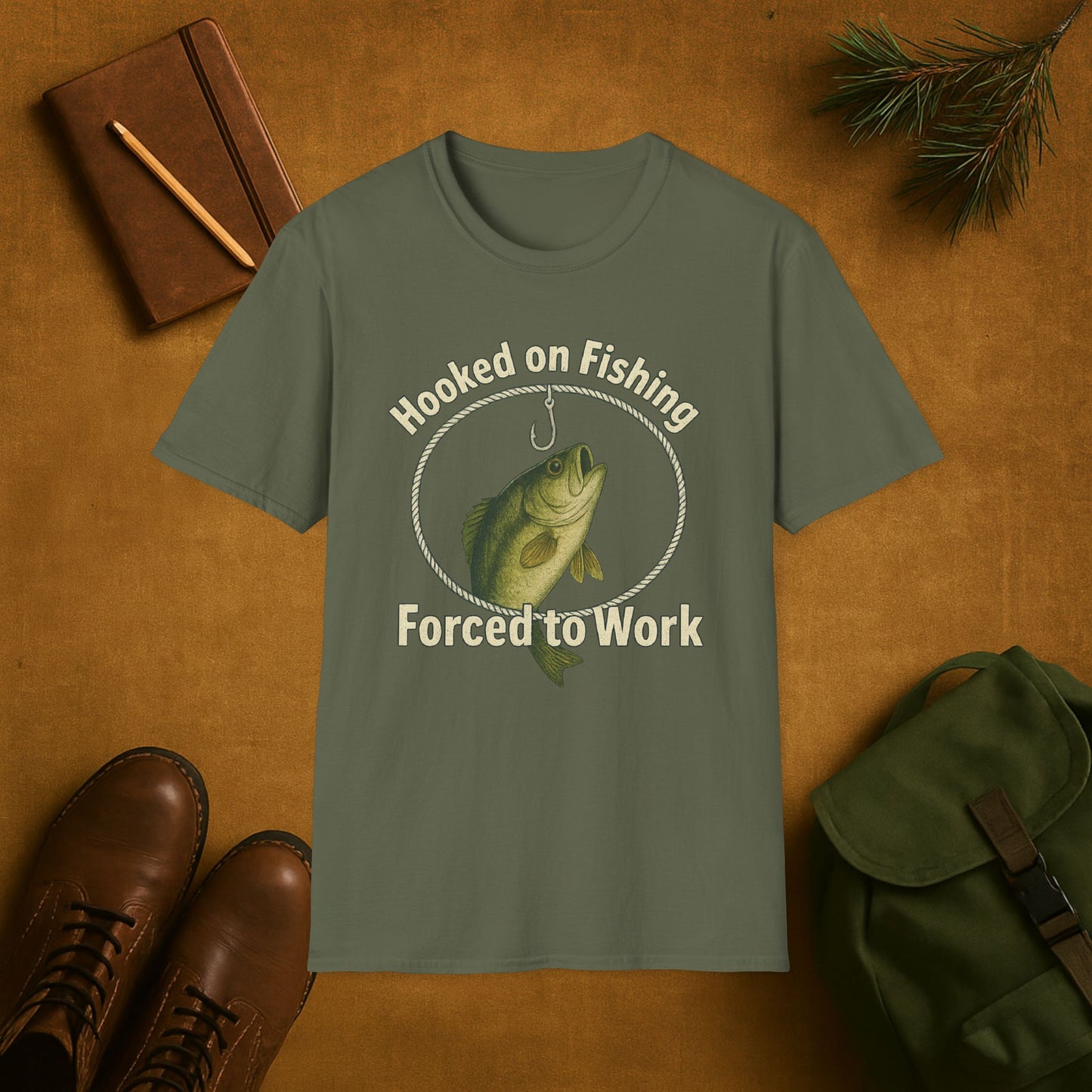 Hooked On Fishing Forced To Work Fishing T-Shirt