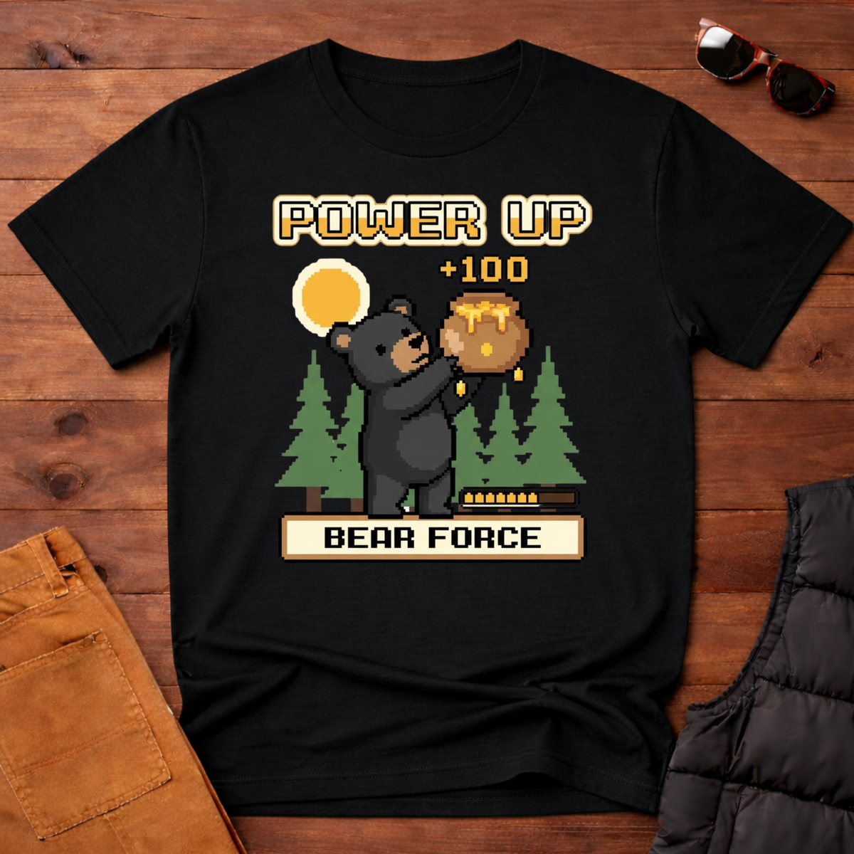8-Bit-Power Up Black Bear Force T-Shirt