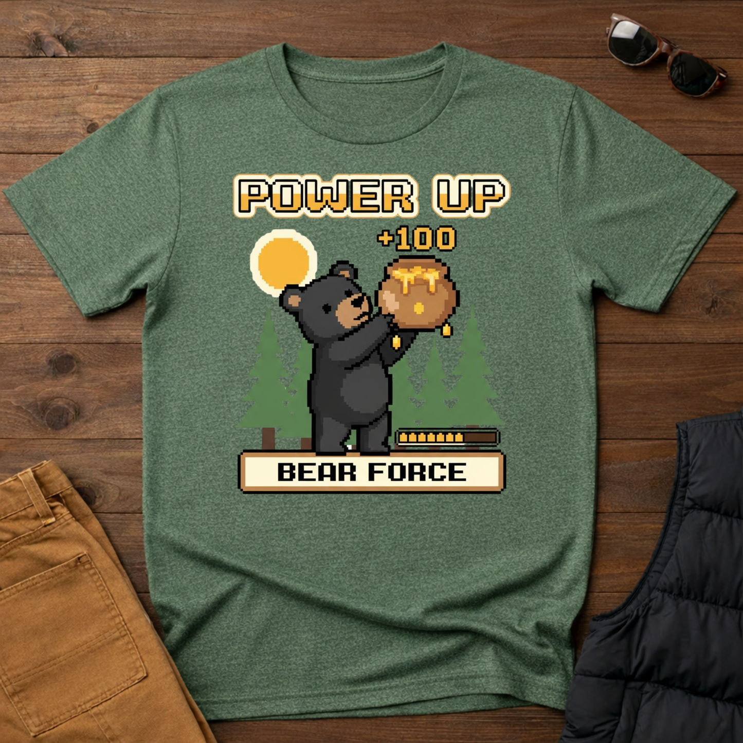 8-Bit-Power Up Black Bear Force T-Shirt | Yampa Roots