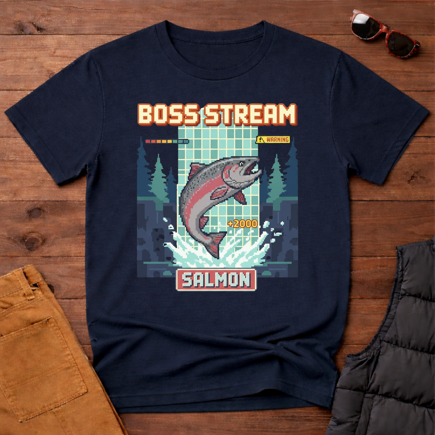 8-Bit Boss Stream Salmon T-Shirt | Yampa Roots