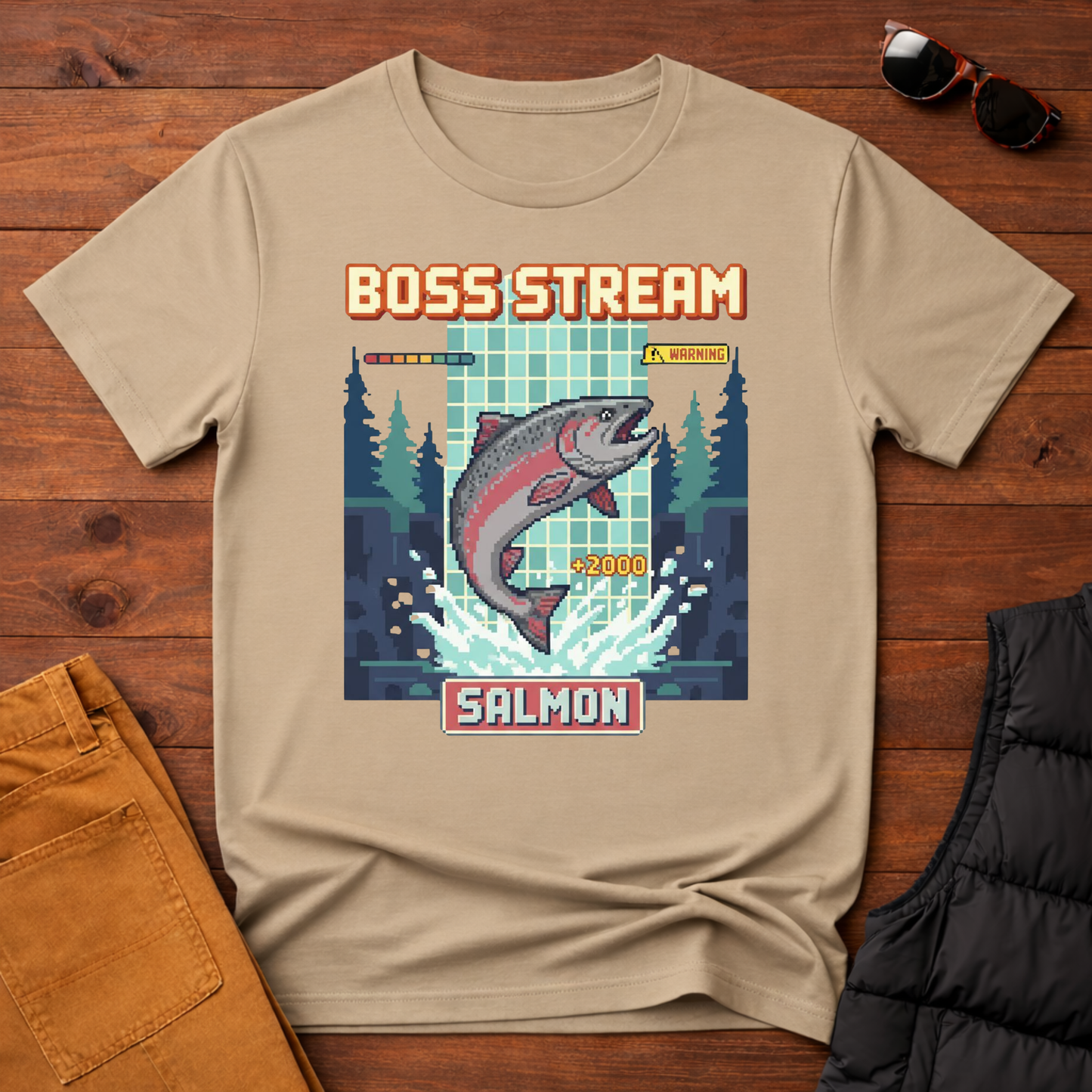 8-Bit Boss Stream Salmon T-Shirt | Yampa Roots