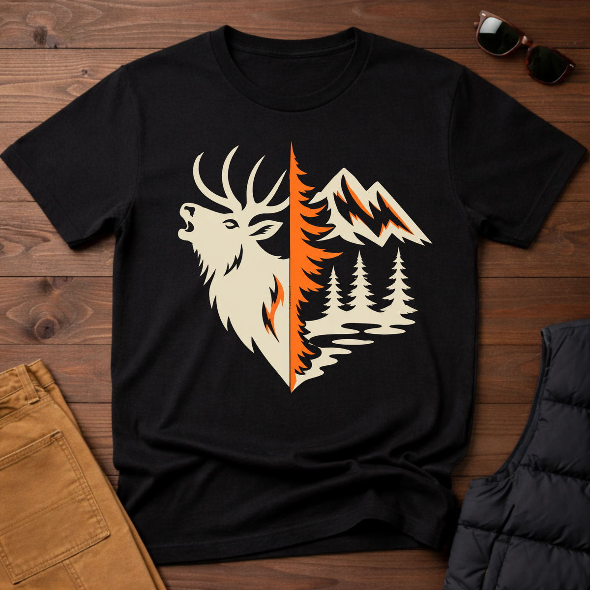 Elk & Mountain Split Design T-Shirt