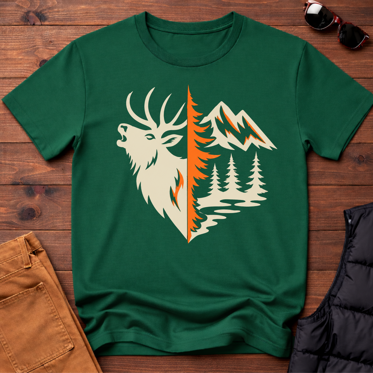 Elk & Mountain Split Design T-Shirt