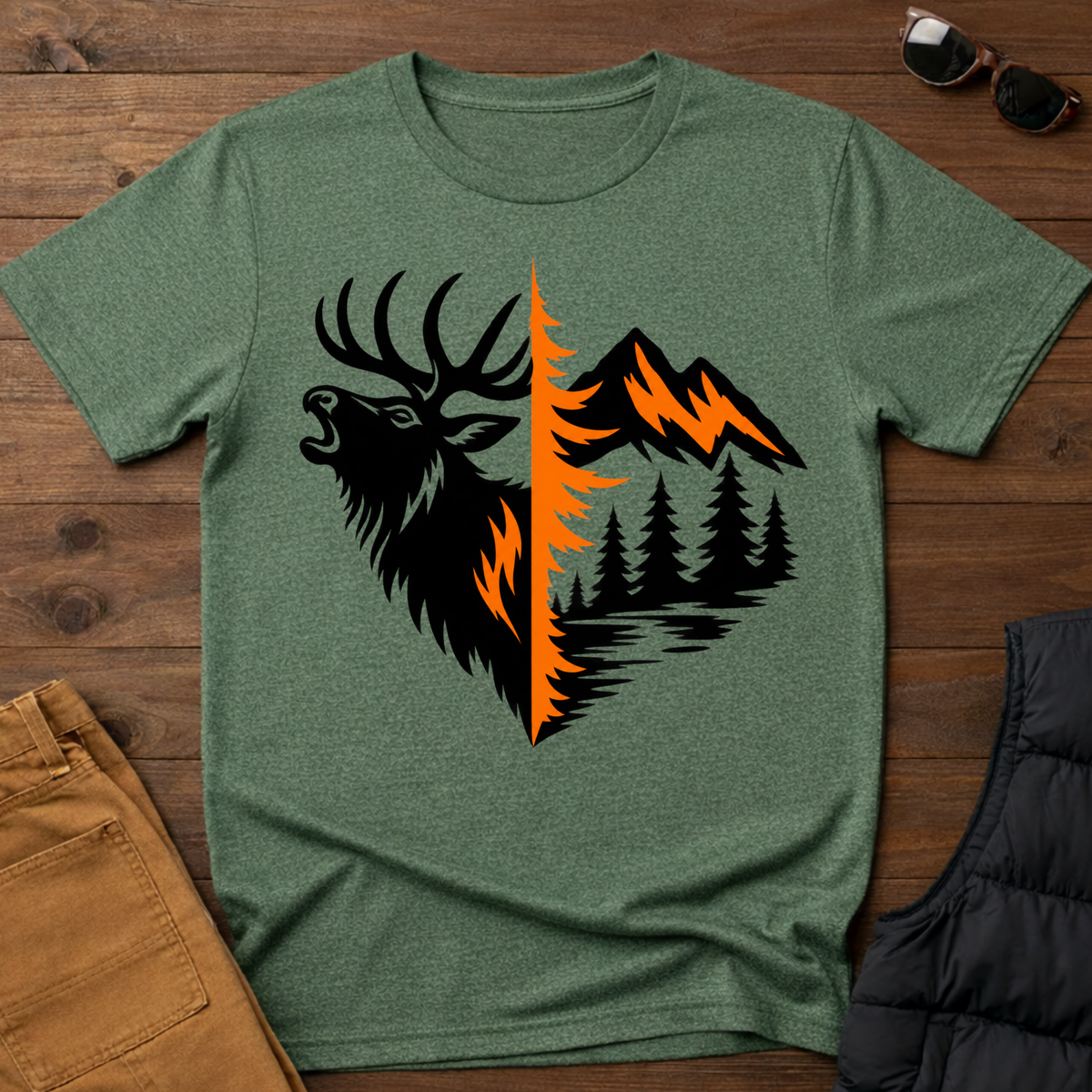 Elk & Mountain Split Design T-Shirt