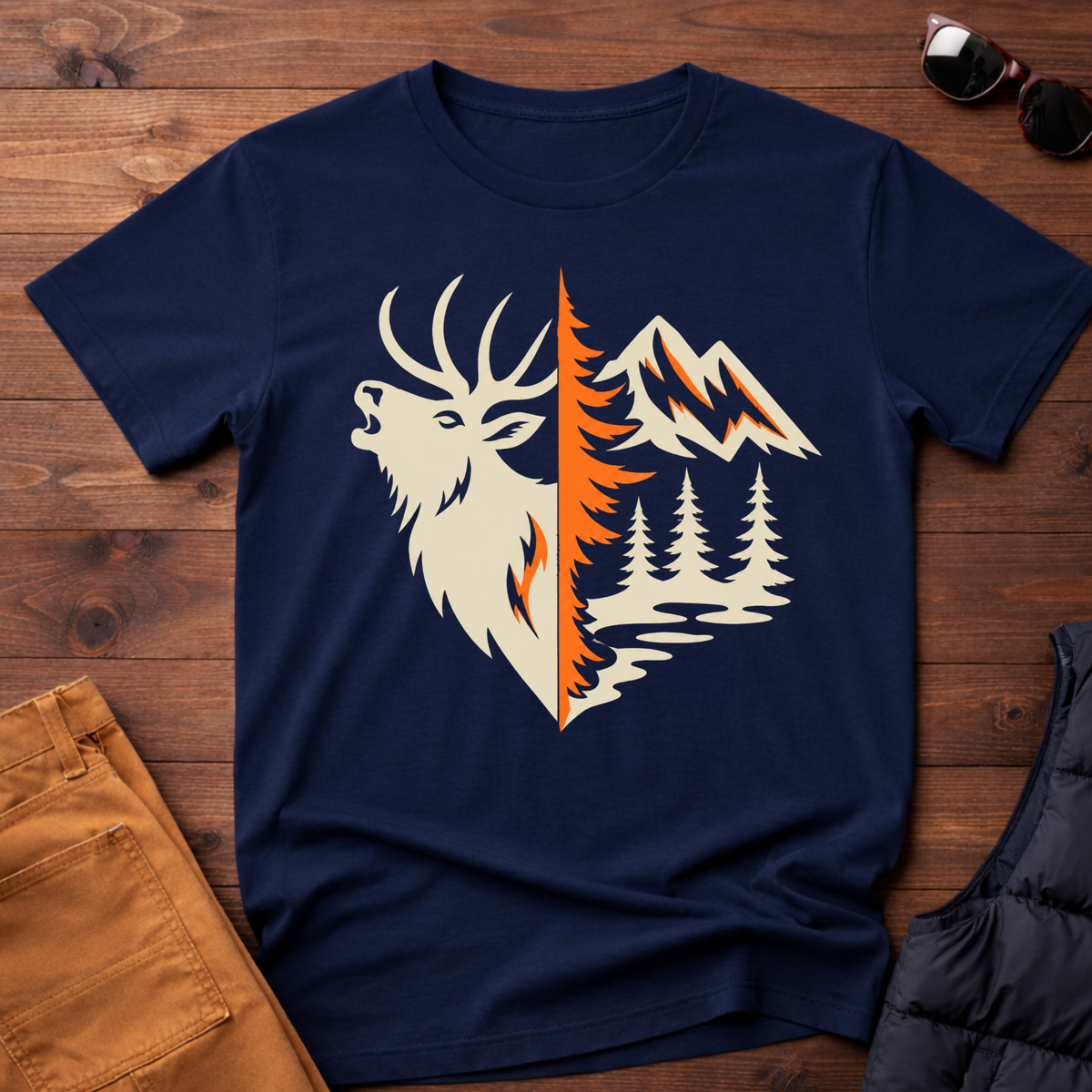 Elk & Mountain Split Design T-Shirt