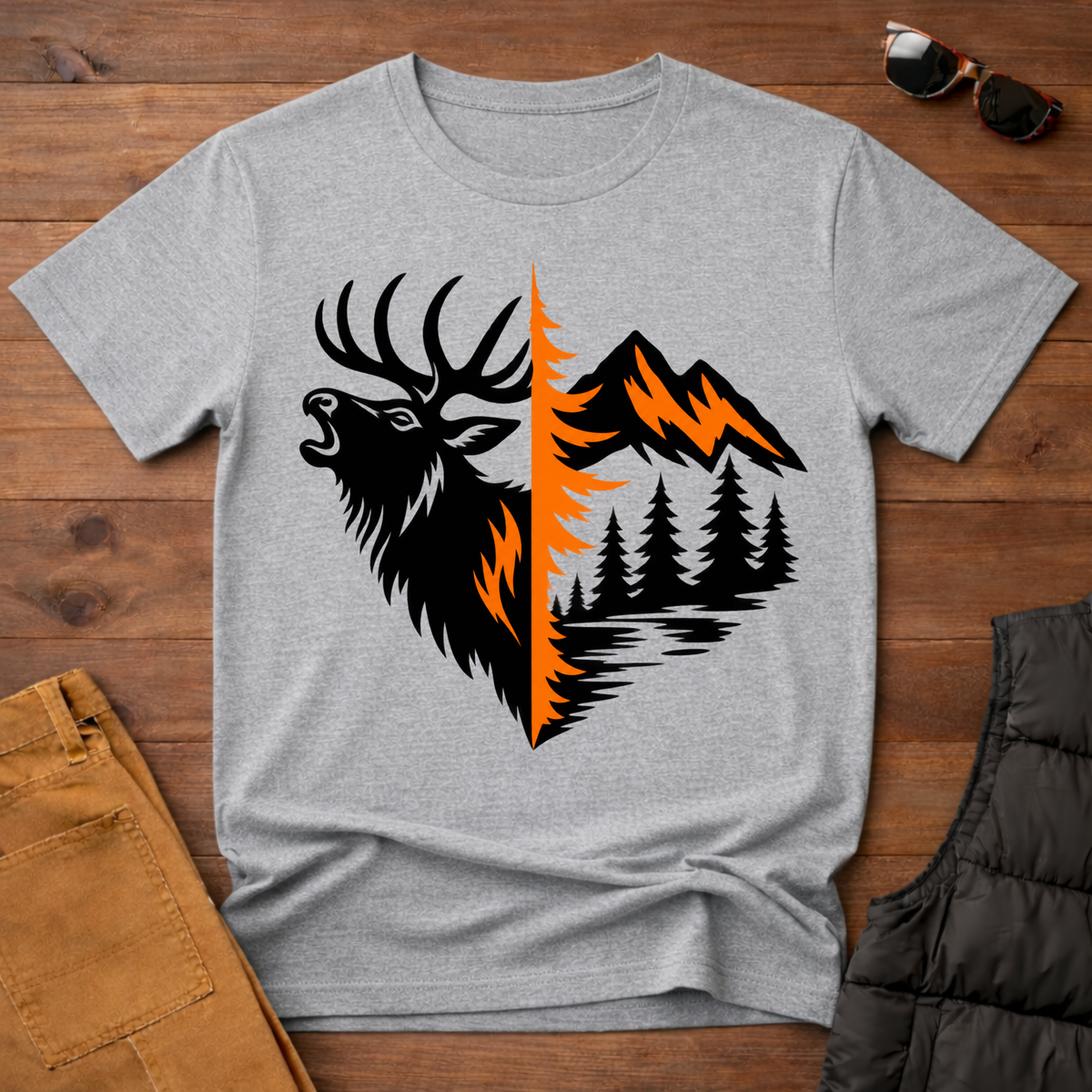 Elk & Mountain Split Design T-Shirt