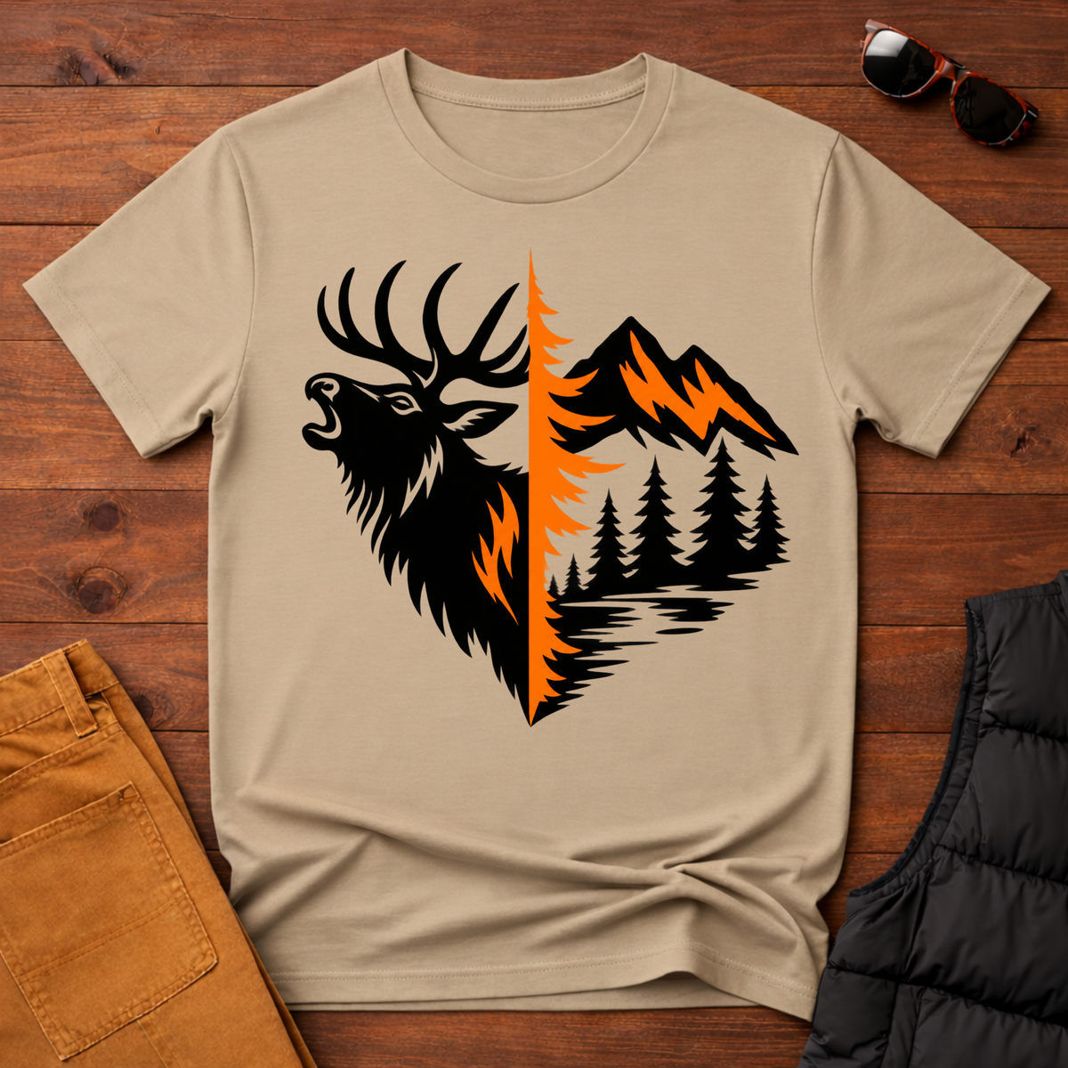 Elk & Mountain Split Design T-Shirt