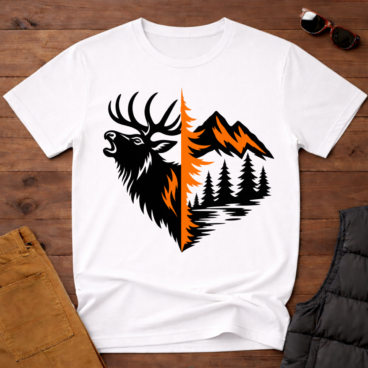 Elk & Mountain Split Design T-Shirt