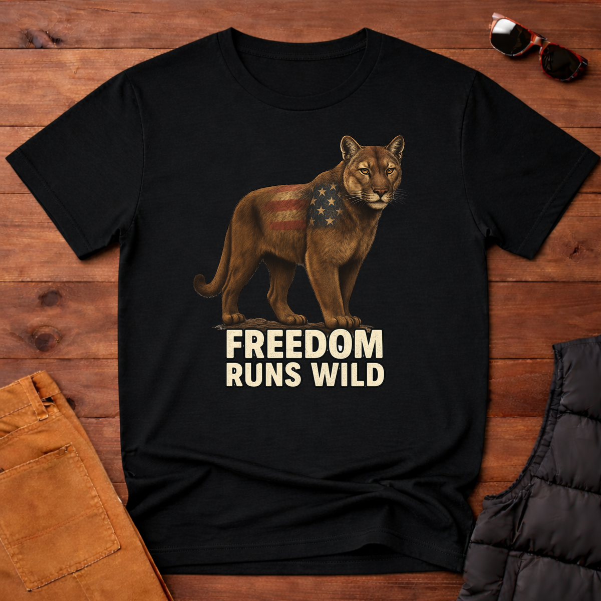 Patriotic Mountain Lion Freedom Runs Wild T-Shirt