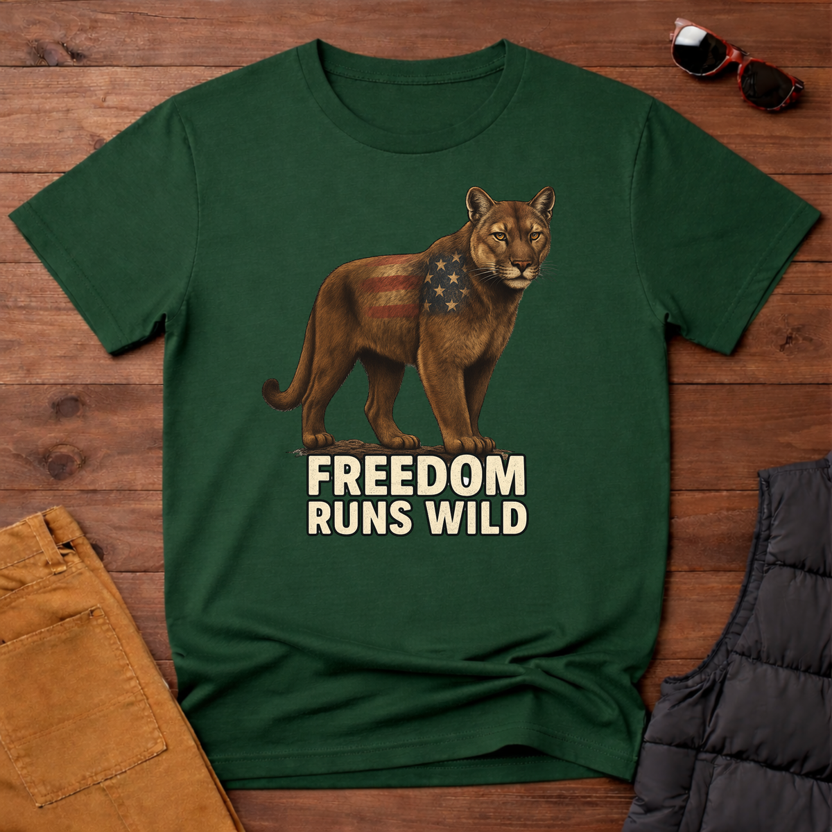 Patriotic Mountain Lion Freedom Runs Wild T-Shirt