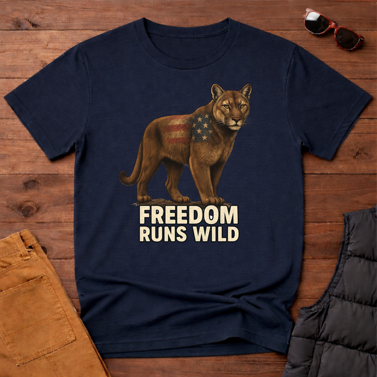 Patriotic Mountain Lion Freedom Runs Wild T-Shirt