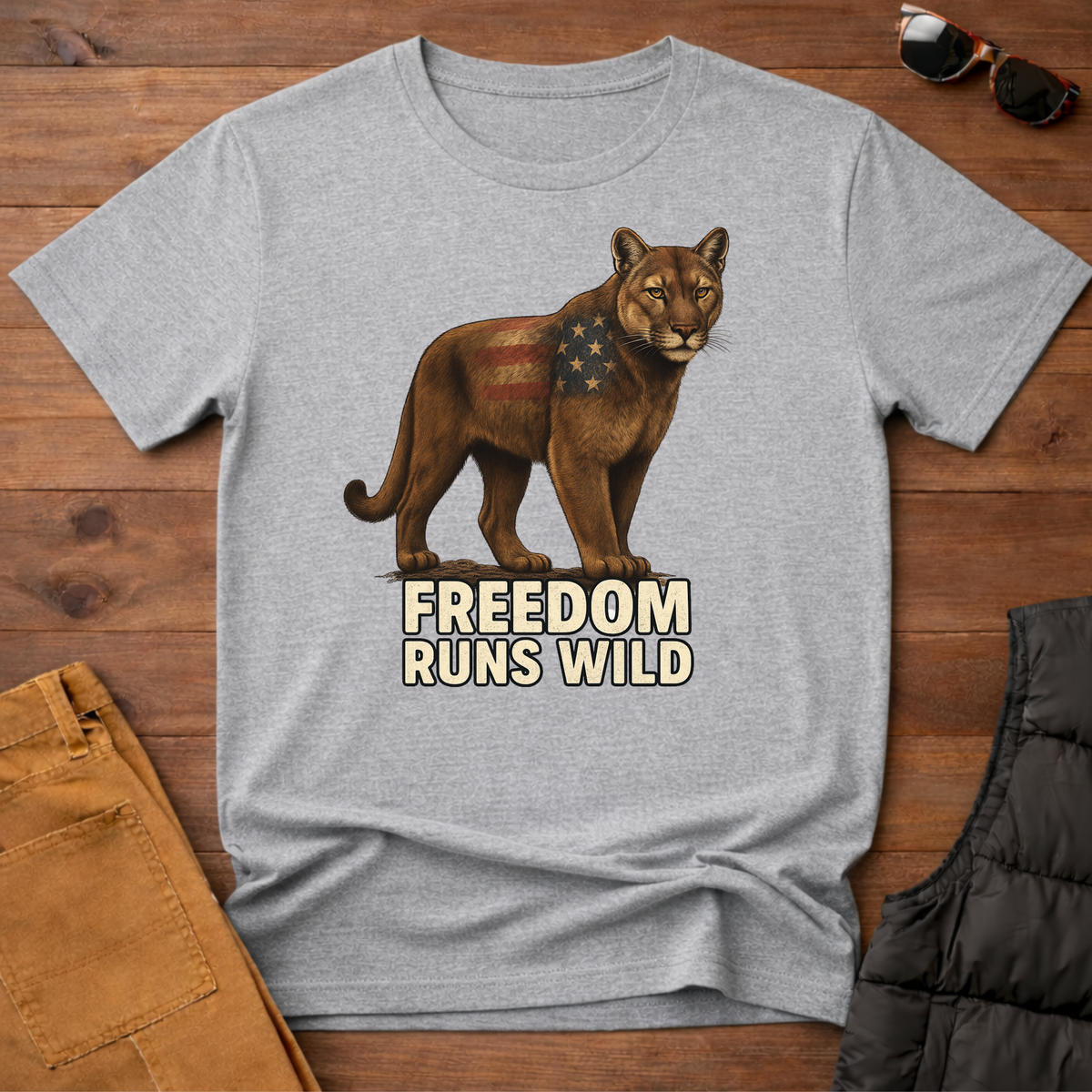 Patriotic Mountain Lion Freedom Runs Wild T-Shirt