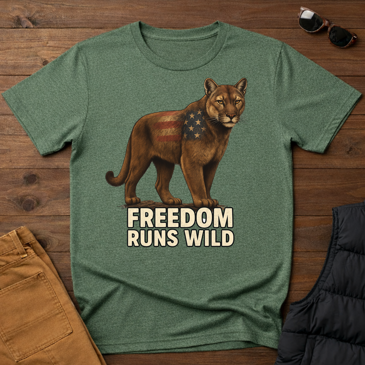 Patriotic Mountain Lion Freedom Runs Wild T-Shirt