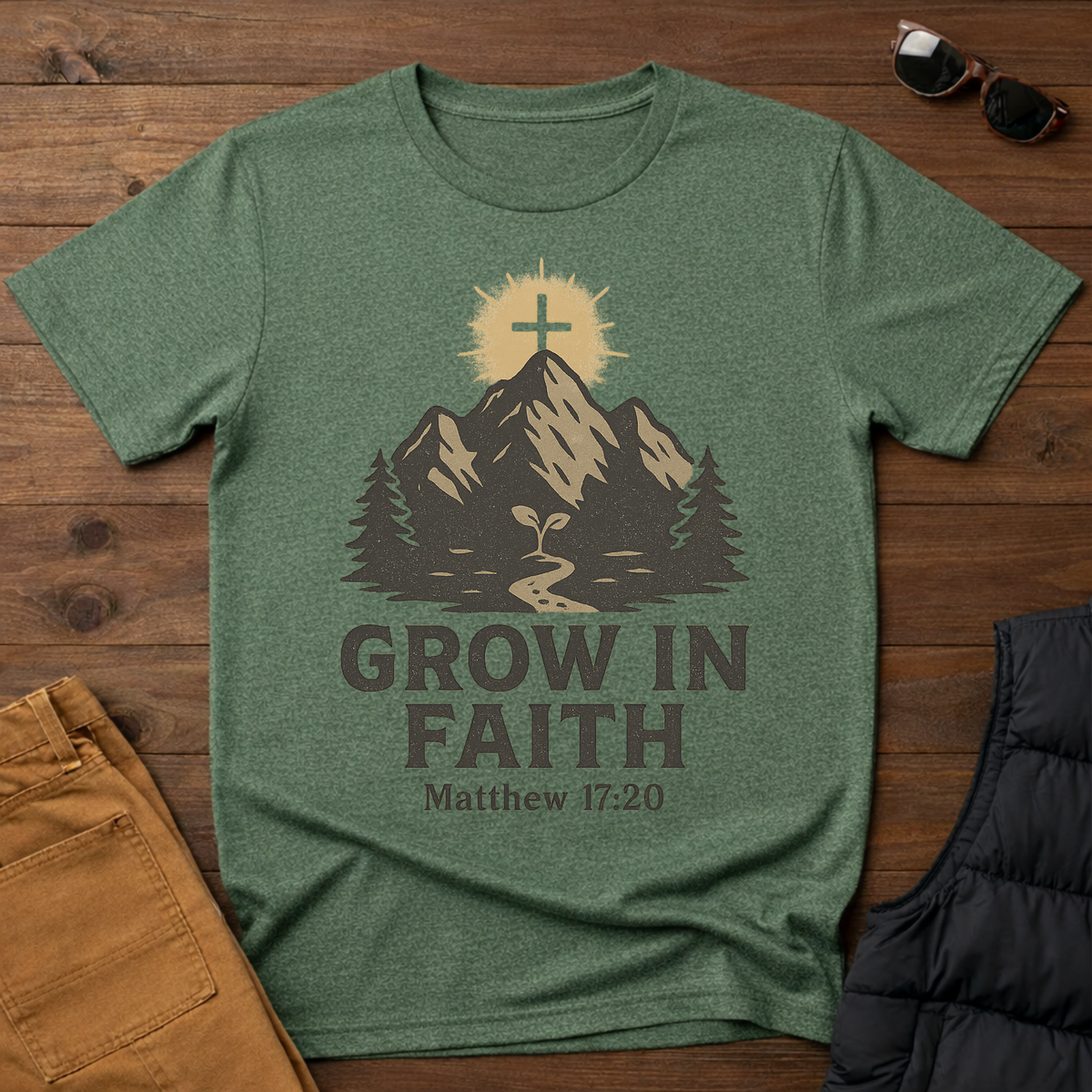 Grow in Faith- Matthew 17:20 Cross on the Mountain T-Shirt
