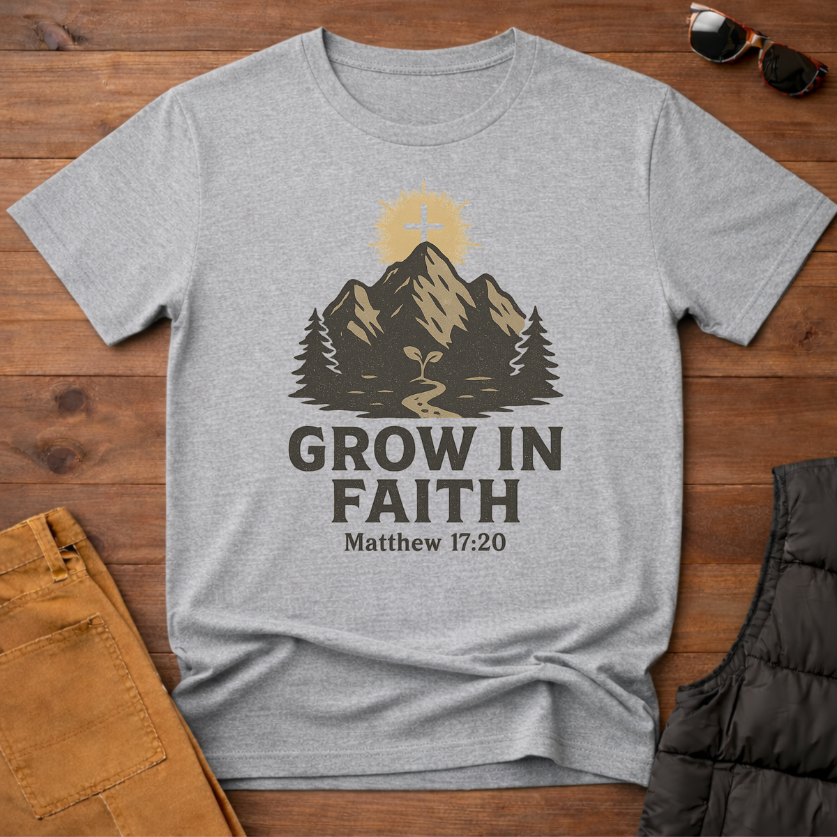 Grow in Faith- Matthew 17:20 Cross on the Mountain T-Shirt