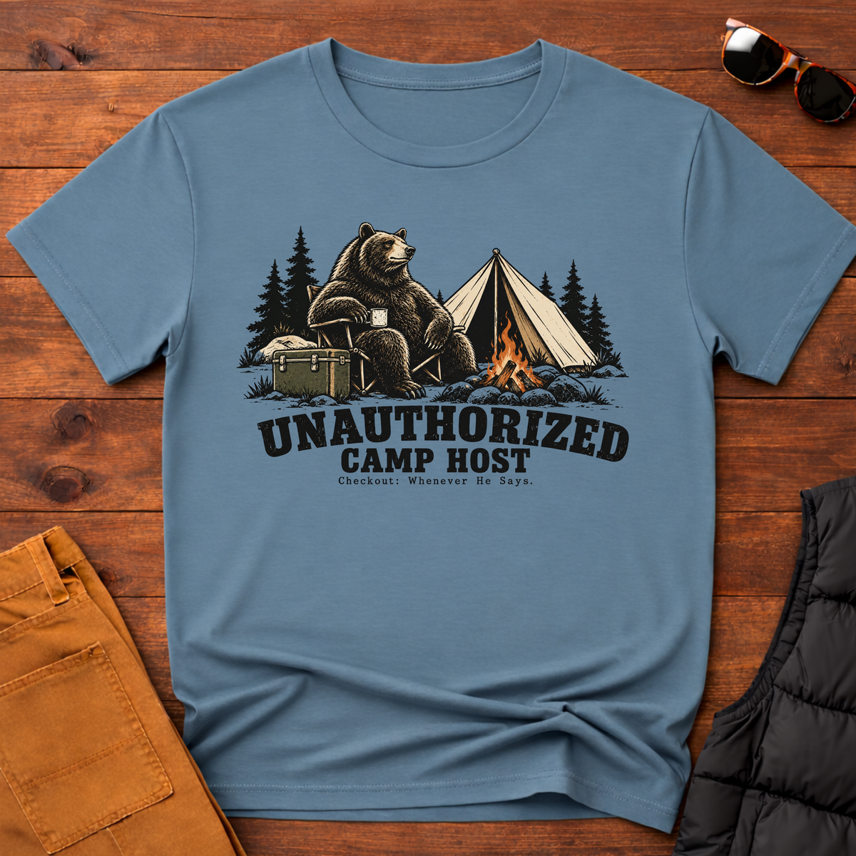 Unauthorized Camp Host T-Shirt-Funny Bear Camping Graphic Tee