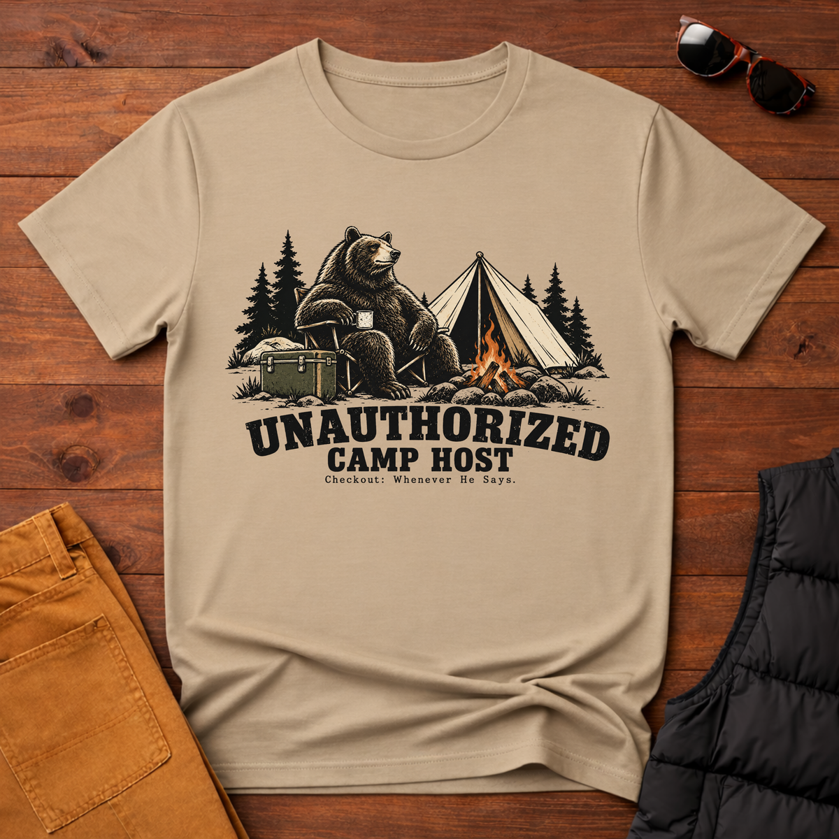 Unauthorized Camp Host T-Shirt-Funny Bear Camping Graphic Tee