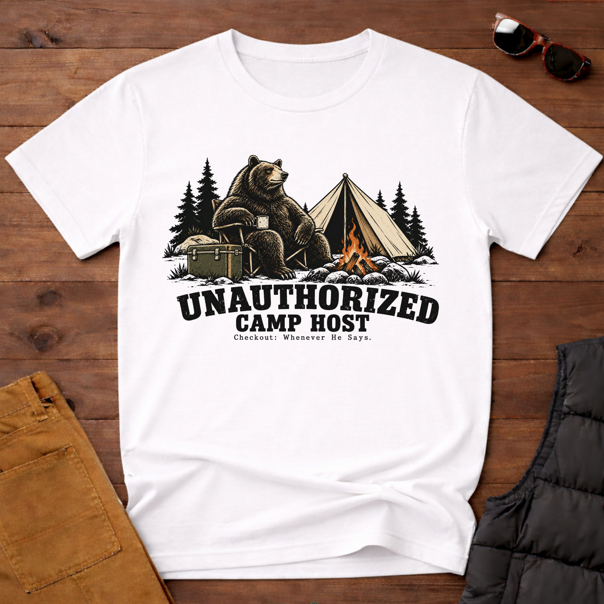Unauthorized Camp Host T-Shirt-Funny Bear Camping Graphic Tee